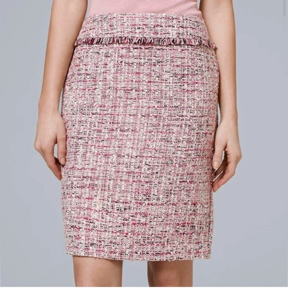 White House Black Market Sari Pink Tweed Pencil Skirt Fringe WHBM Size 00 $94